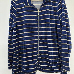Quacker Factory Navy Striped Women's Lurex Knit‎ Velvet Zip Front Jacket Size L